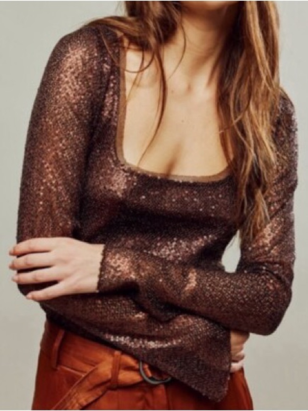 NWT Free People Intimately Late Night Disco Layering Top Sequin Hot Fudge Brown